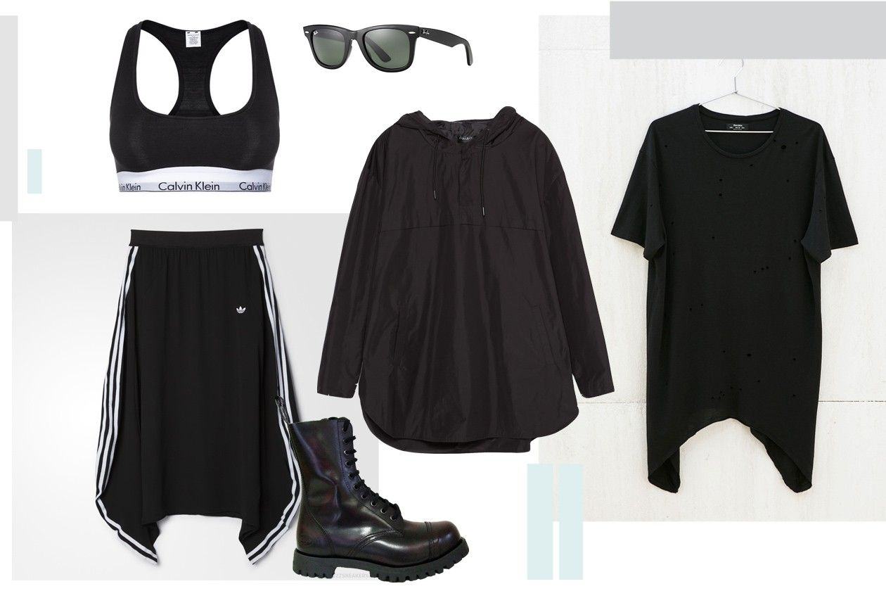 top: CALVIN KLEIN, suknja: ADIDAS, ćizme: SHELLYS RANGERS, naočare: RAY BAN, jakna: ZARA men, majica: BERSHKA men